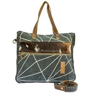 Women's Large Tote MYRA BAGS Cowhide Blue Geometric Purse Removable Strap